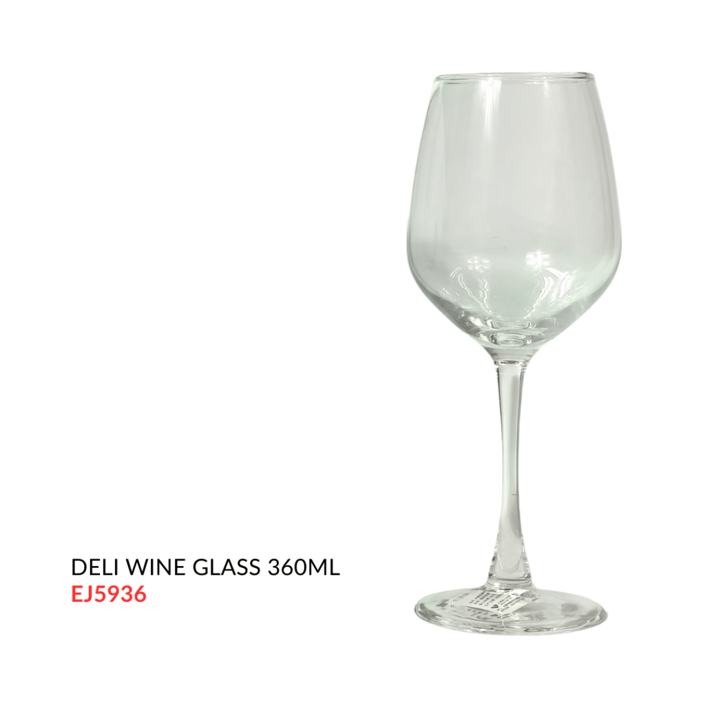 Clear glass wine glass with a stem, holding 360ml, labeled 'DELI WINE GLASS 360ML'.