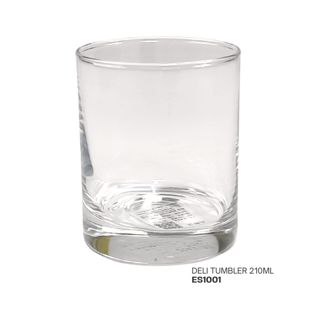 Clear glass deli tumbler 210ml with a smooth design.