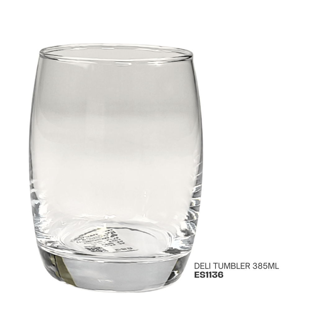 Clear glass deli tumbler with a capacity of 385ml, displayed on a white background.