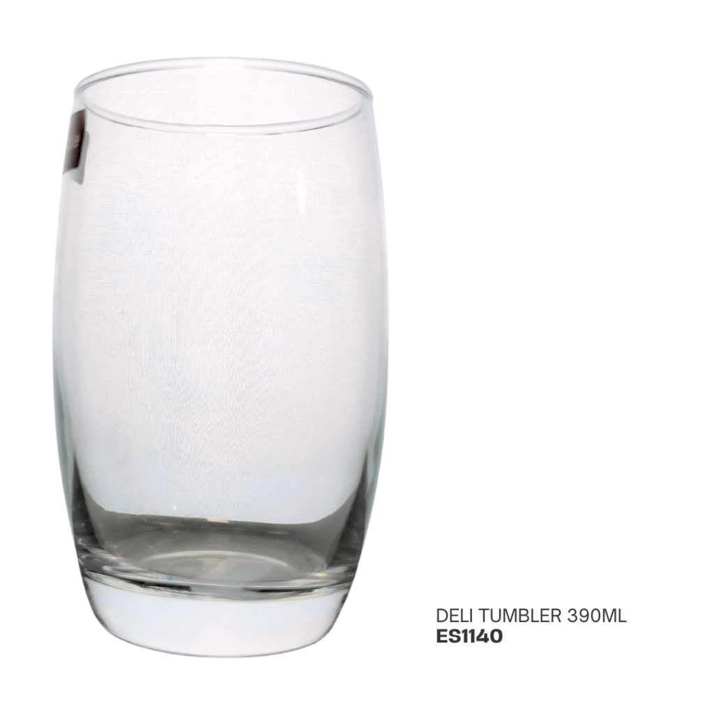 Clear glass deli tumbler with a capacity of 390ml, labeled ES1140.
