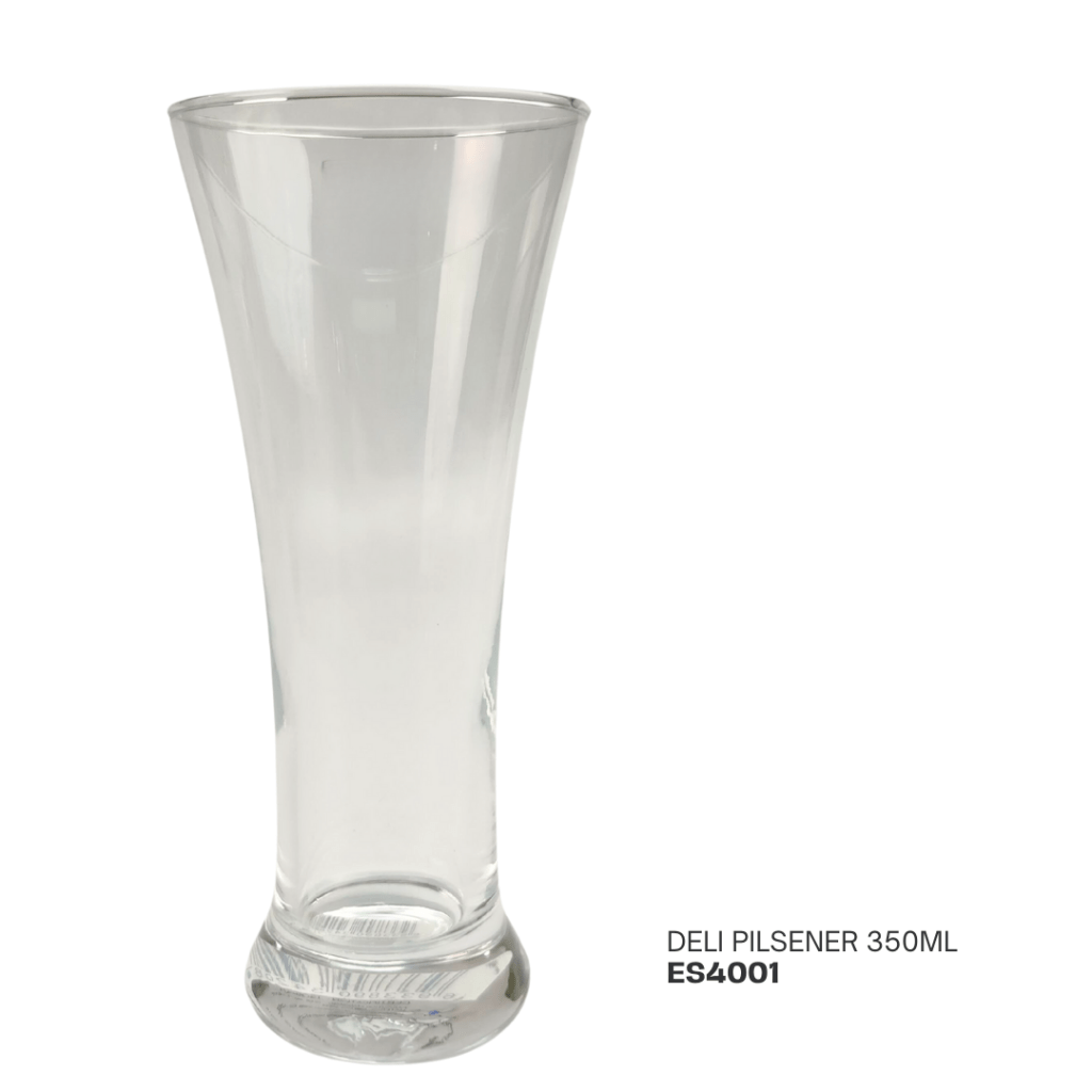 Clear glass Deli Pilsener, 350ml, with a tapered design and a sturdy base.