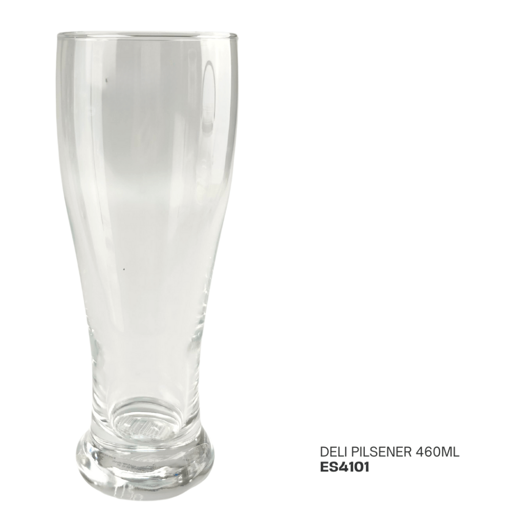 Clear glass pilsen beer glass, 460ml capacity, labeled 'DELI PILSENER 460ML ES4101'.