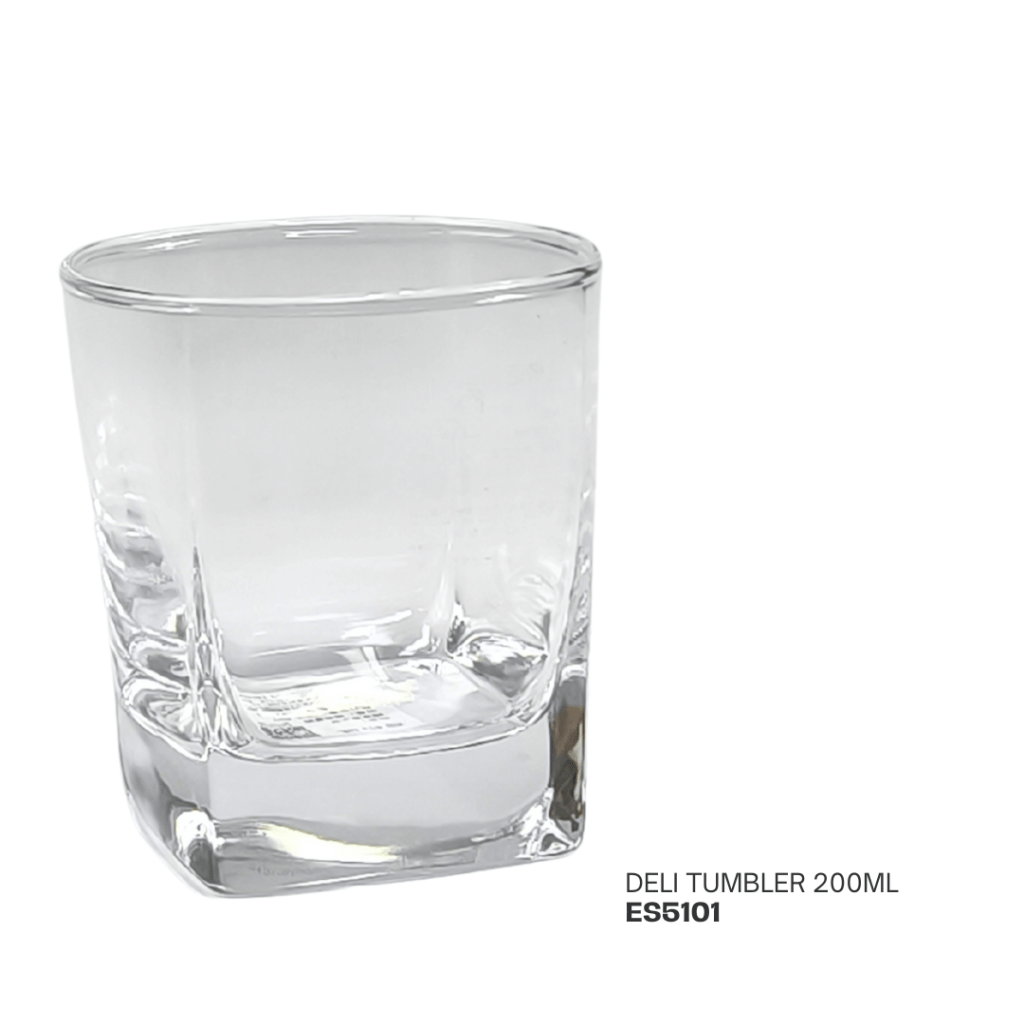 A clear glass tumbler with a square shape, labeled as 'DELI TUMBLER 200ML ES5101'.