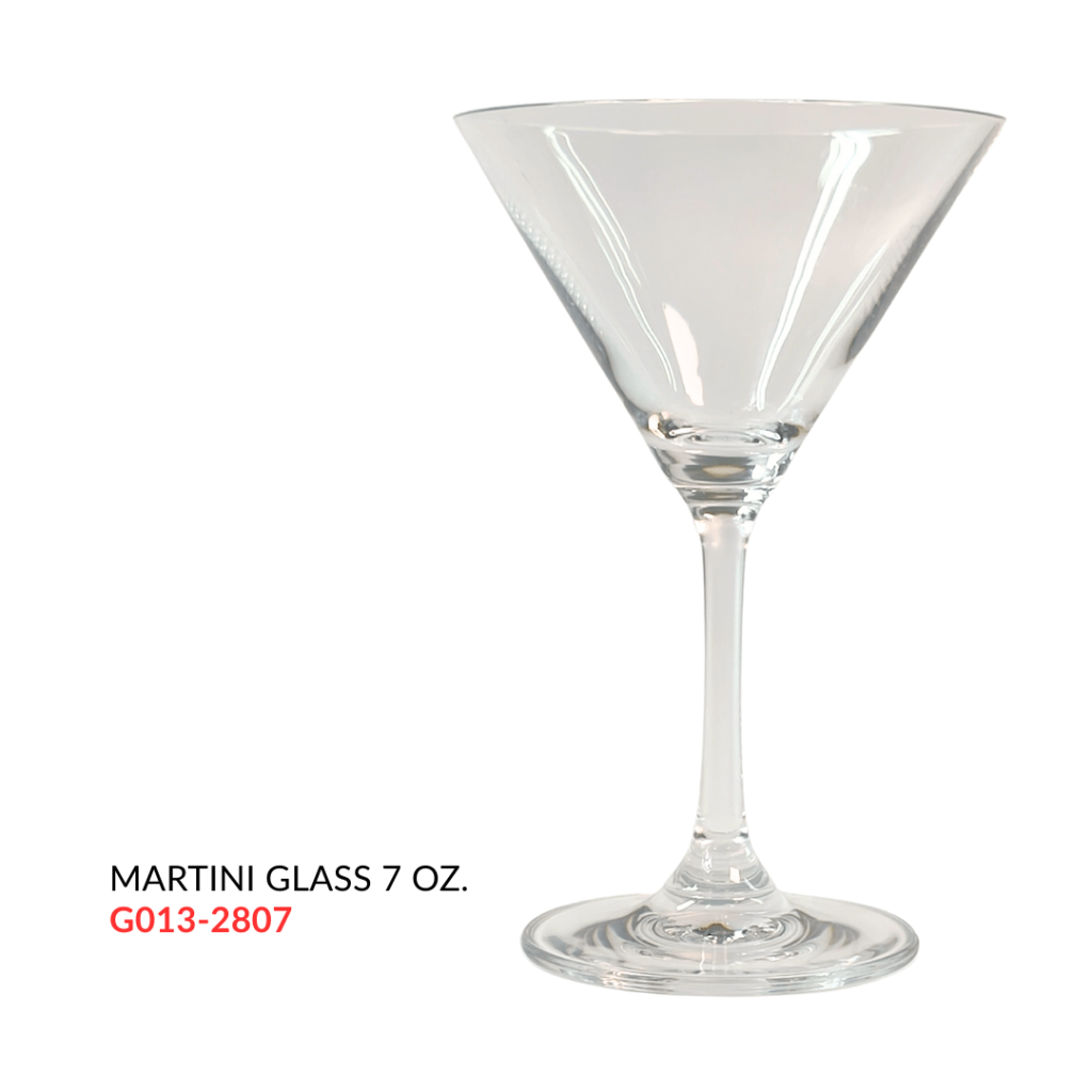 Clear 7 oz. martini glass with a tapered bowl and smooth stem.
