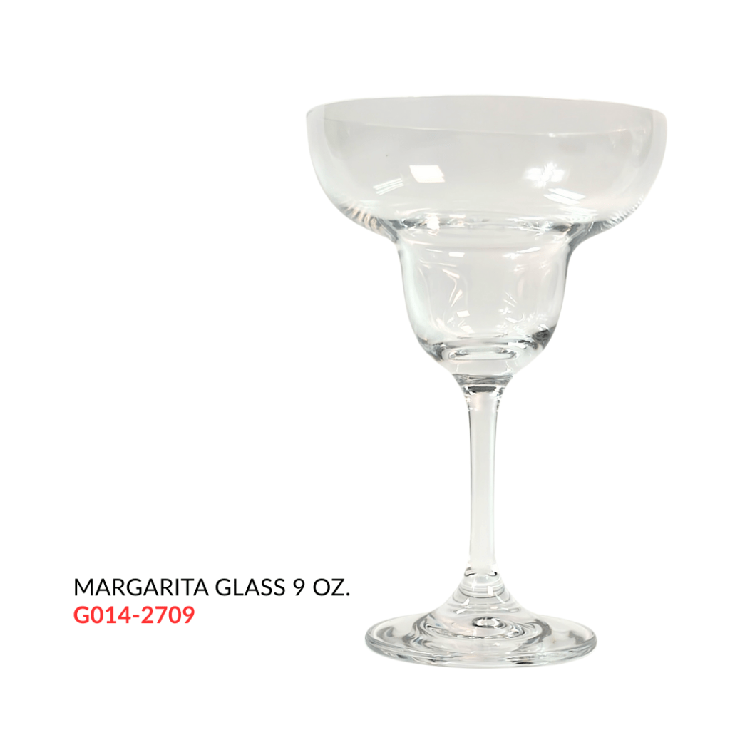 A clear glass margarita glass with a 9 oz capacity, featuring a wide bowl and a slender stem.