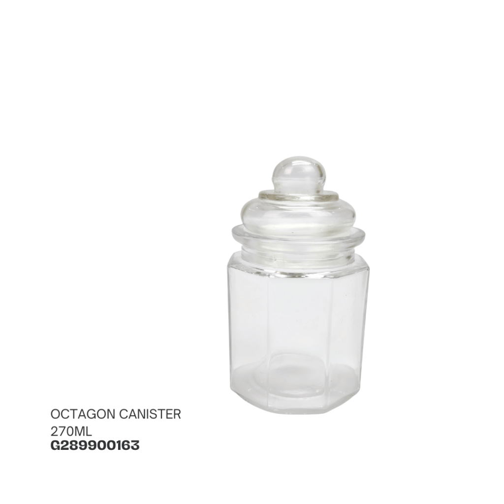 Clear octagon-shaped canister with a lid, 270ml capacity.