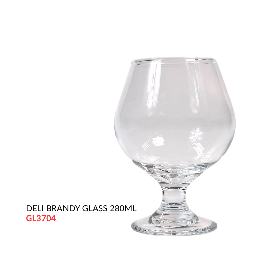 Clear 280ml brandy glass with a bulbous body and a short stem.