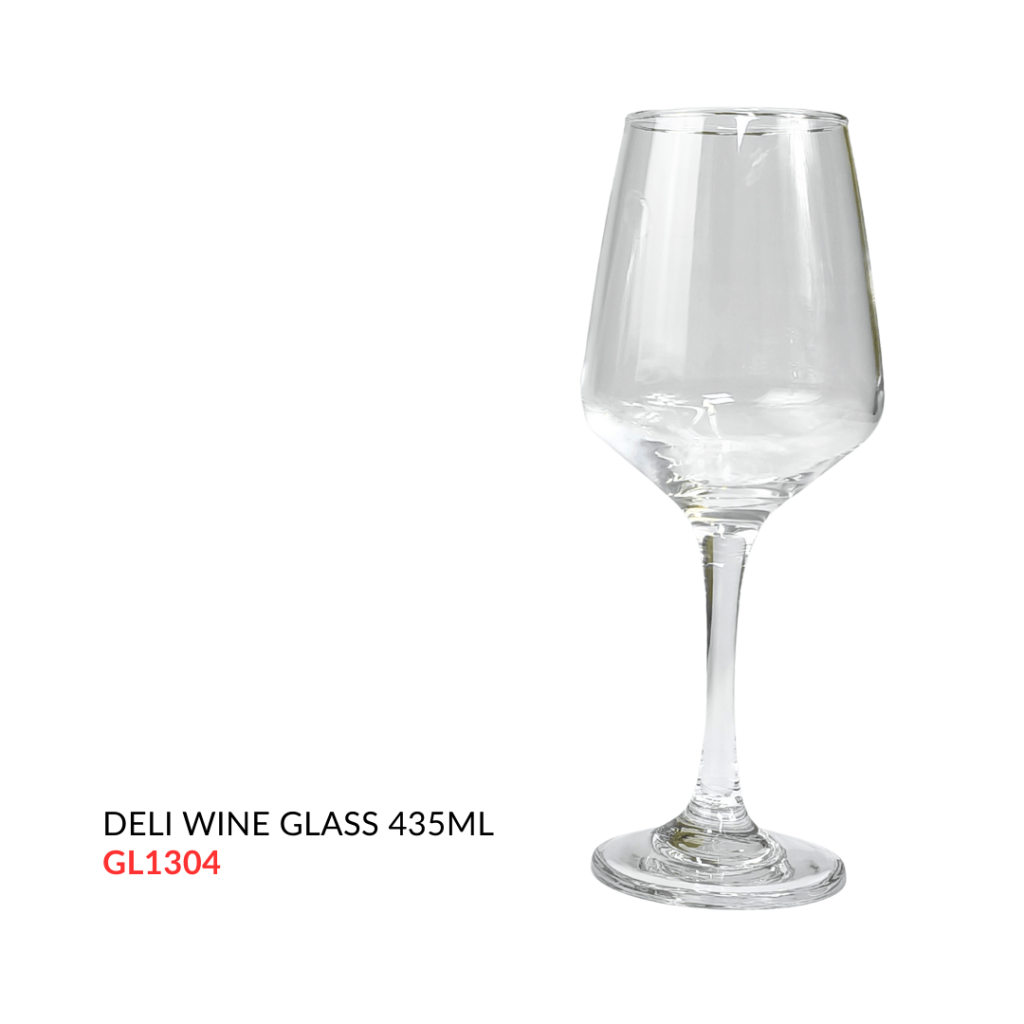 A clear Deli wine glass with a 435ml capacity, featuring a elegant tapered bowl and a tall stem.