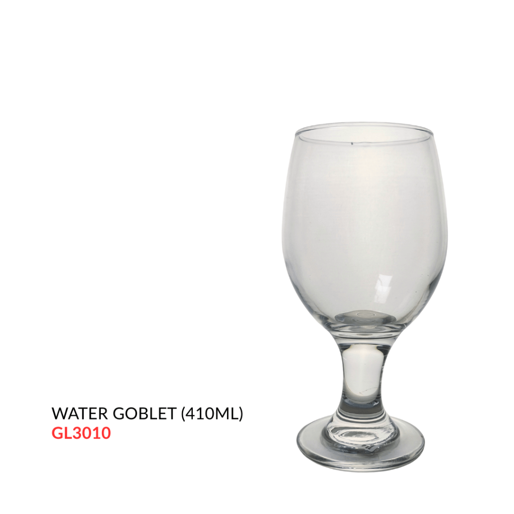 Clear glass water goblet with a capacity of 410ml, featuring a round bowl and a sturdy base.