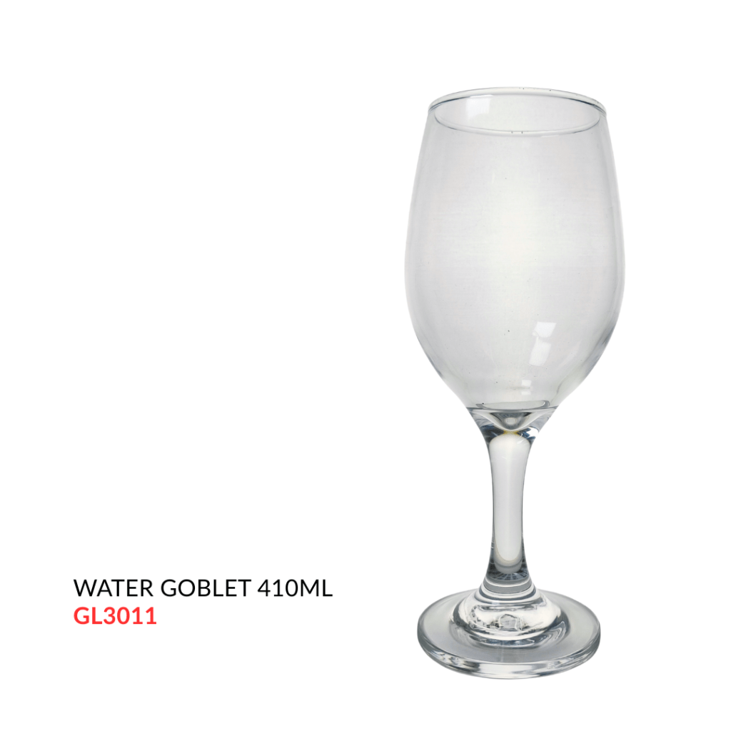 Clear water goblet with a 410ml capacity, featuring a stem and circular base.