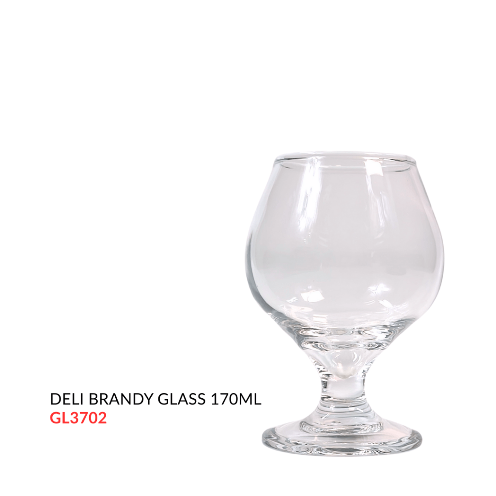 Clear glass brandy glass with a capacity of 170ml, featuring a rounded bowl and a wide base.