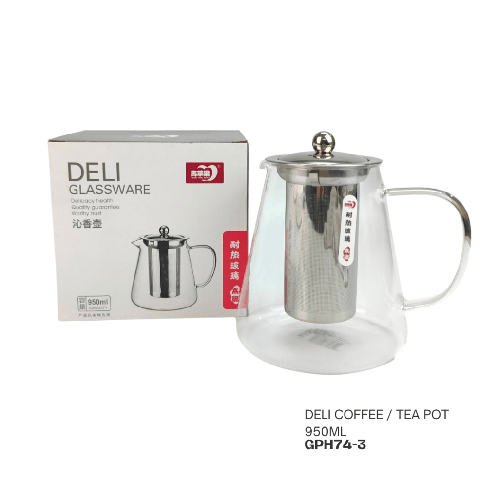 Transparent glass coffee and tea pot with a stainless steel infuser, capacity 950ml, displayed next to its box labeled Deli Glassware.