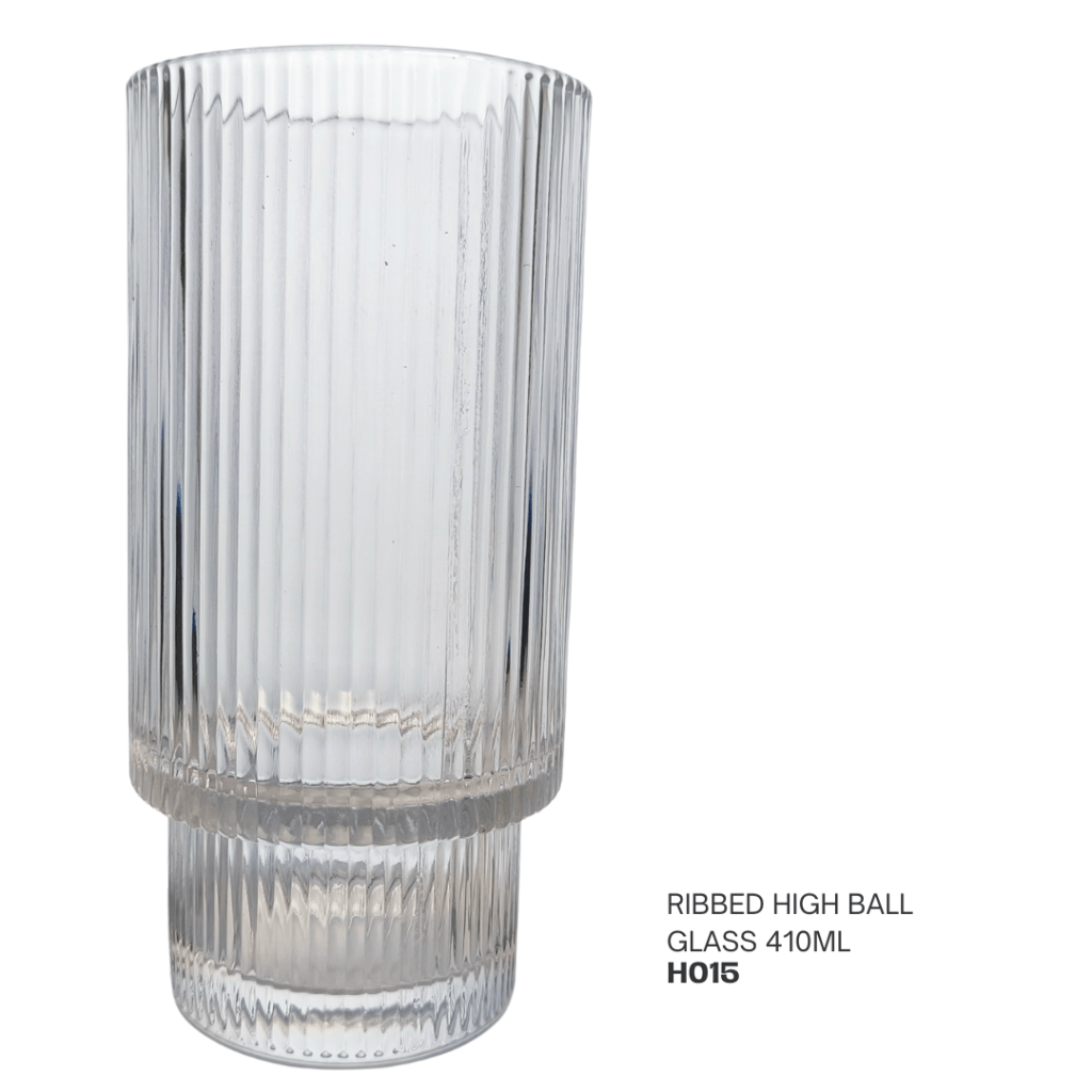 Clear ribbed high ball glass, 410ml capacity.
