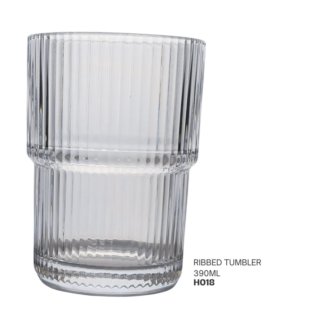 Clear ribbed tumbler glass, 390ml capacity.