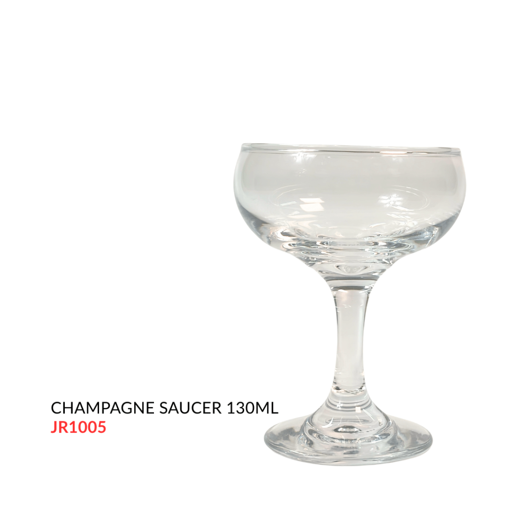 Clear glass champagne saucer with a capacity of 130ml.