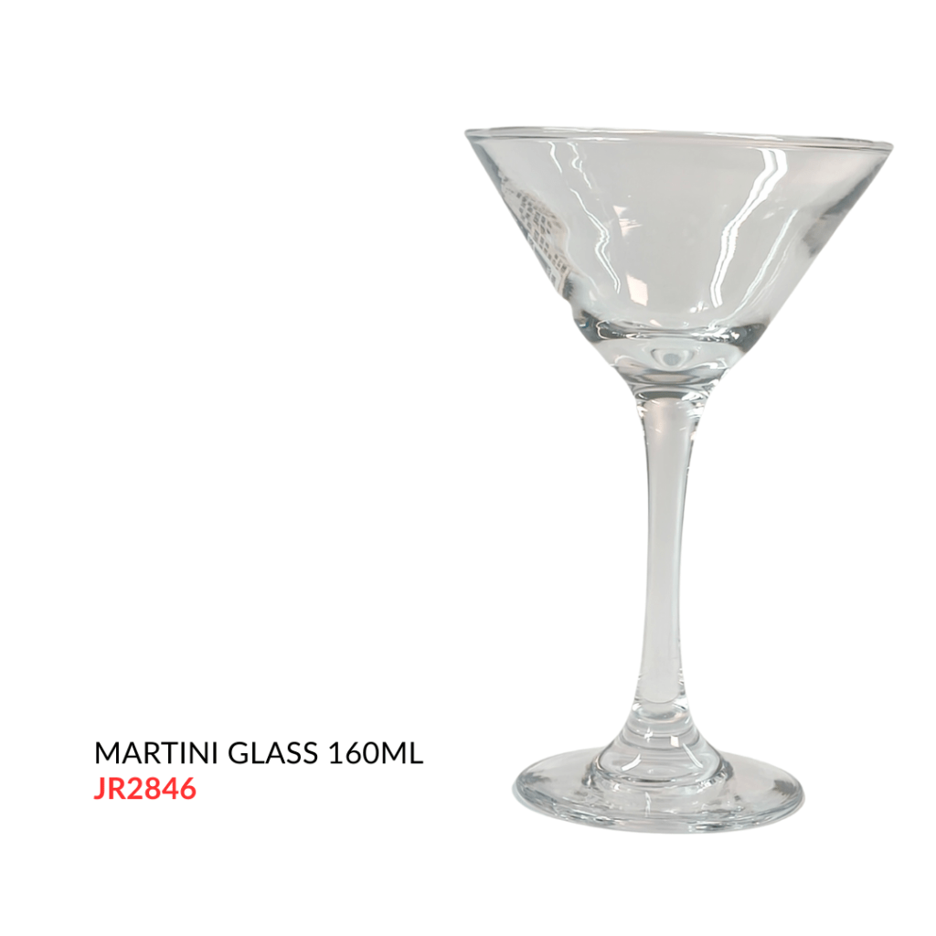 Clear glass martini glass with a 160ml capacity, featuring a slender stem and wide bowl.