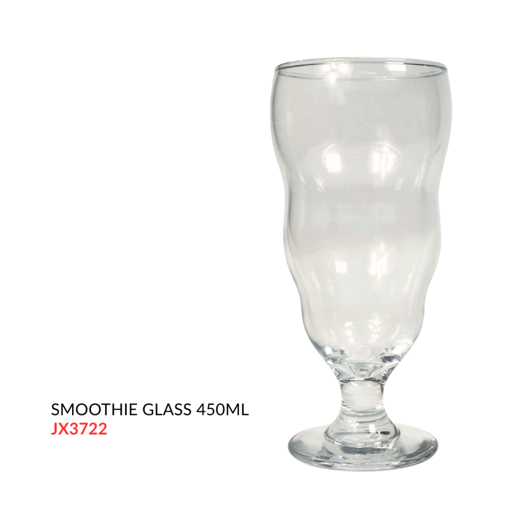 Clear smoothie glass with a 450ml capacity, featuring a decorative base.
