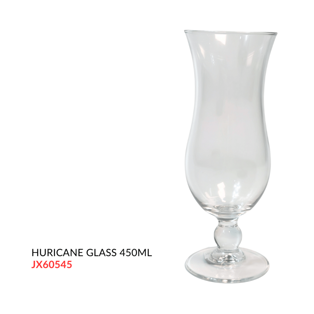 Clear hurricane glass with a 450ml capacity.