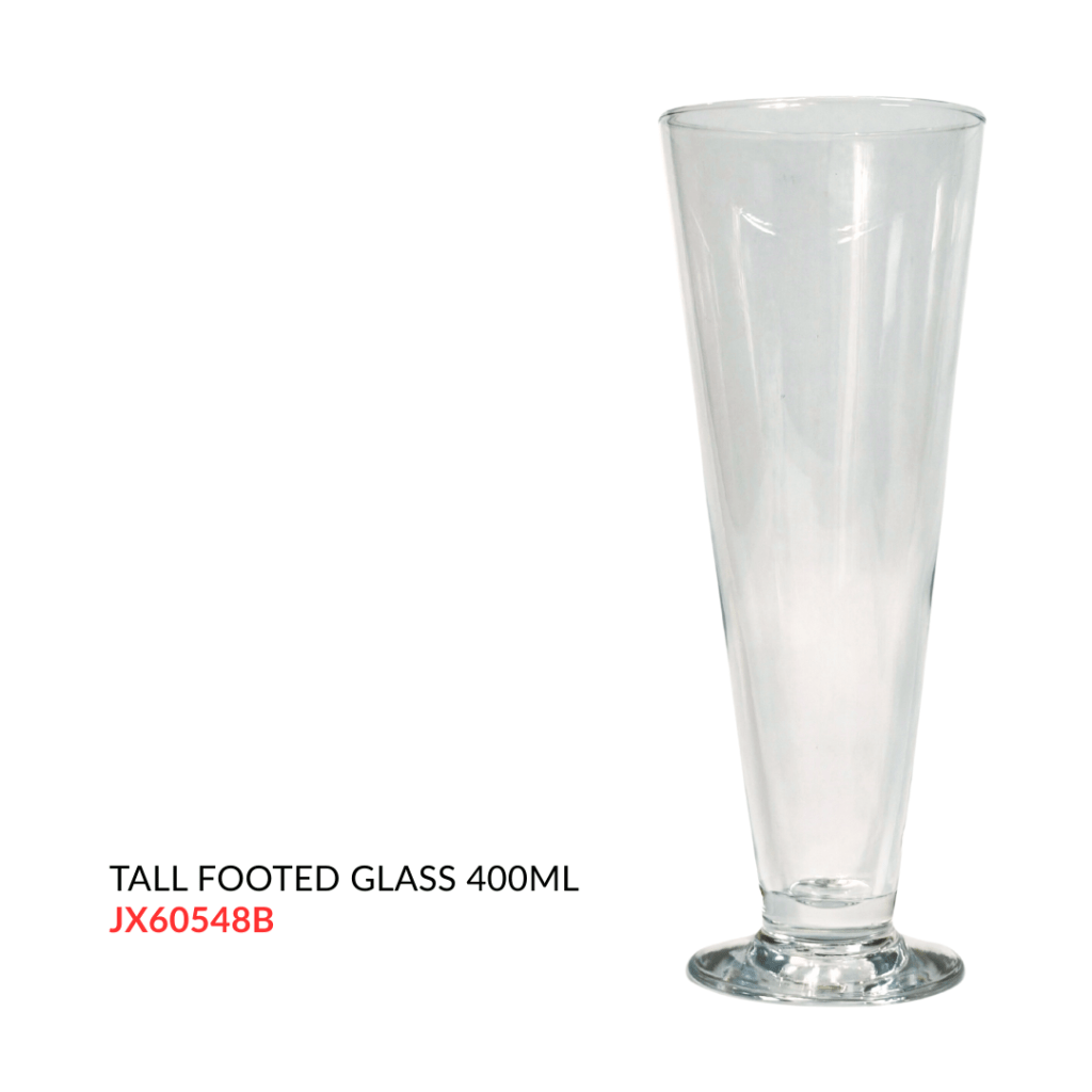 A tall, clear footed glass with a capacity of 400ml.