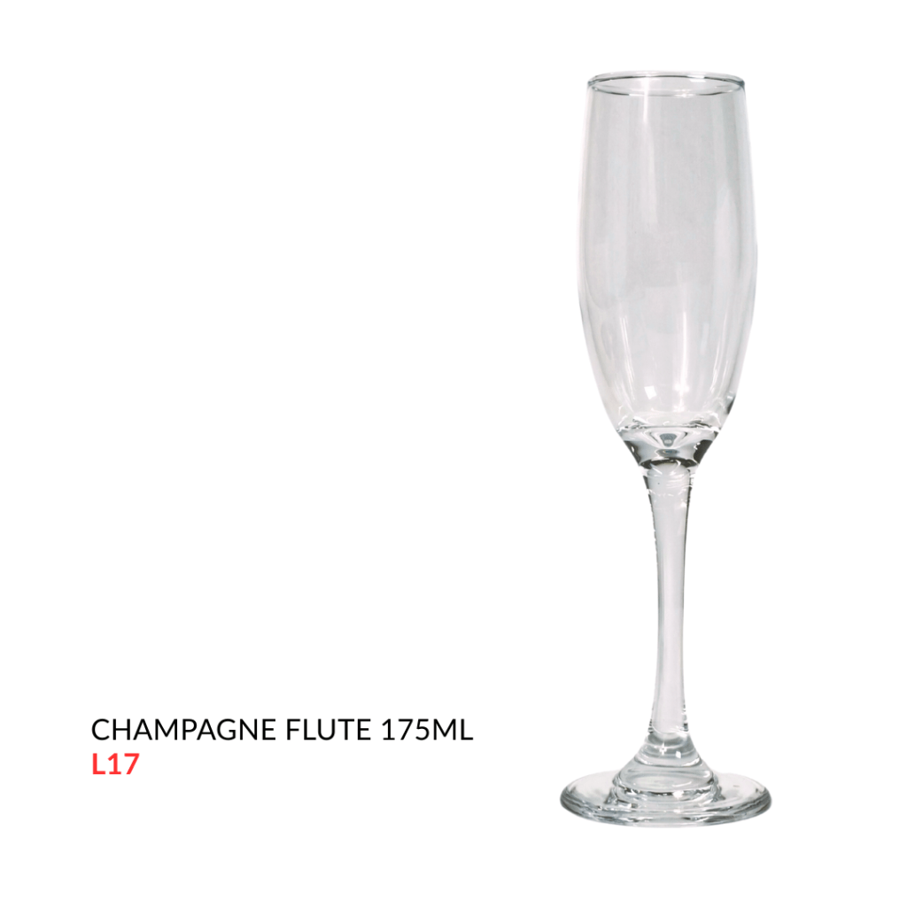 Clear champagne flute with a 175ml capacity, featuring a tall stem and a wide base.