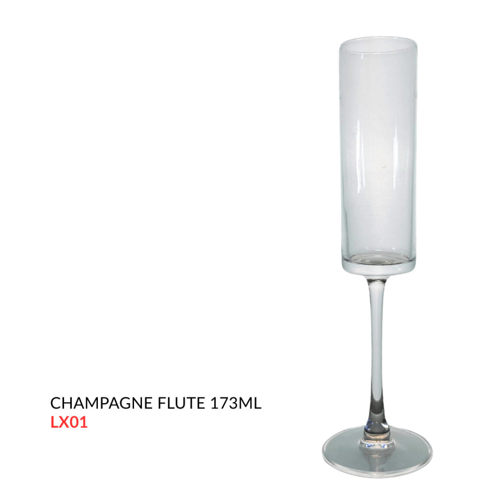Clear champagne flute with a 173ml capacity, featuring a tall stem and a wide base.