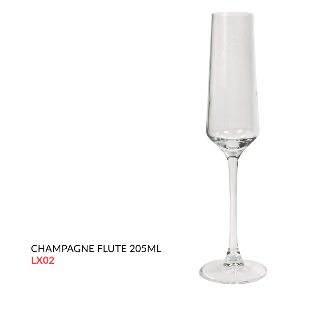 Clear champagne flute with a 205ml capacity, featuring a tall stem and elegant shape.