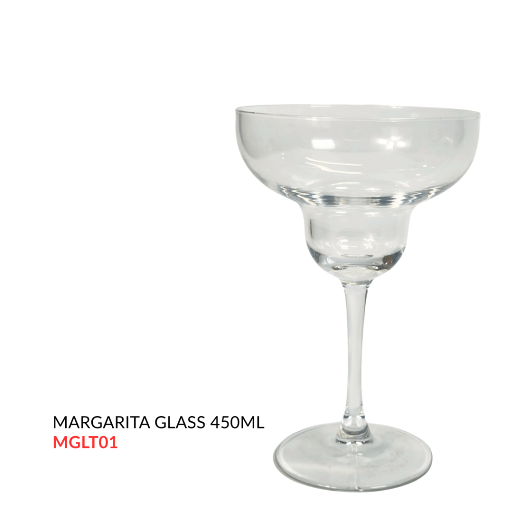 Clear margarita glass with a capacity of 450ml, featuring a wide bowl and slender stem.