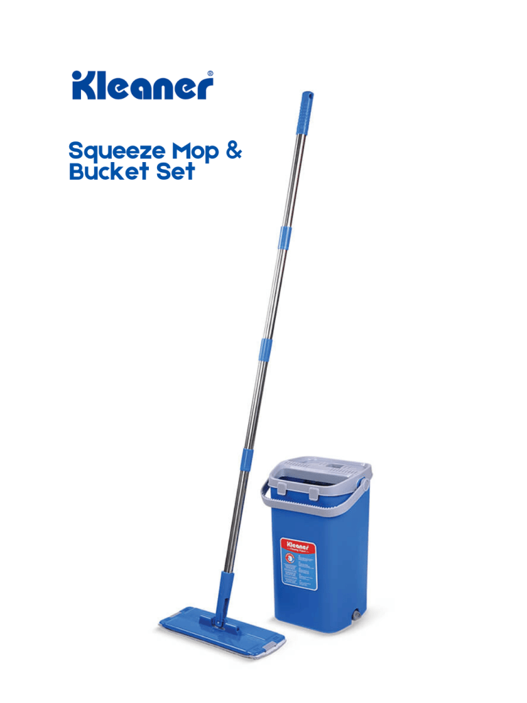 Kleaner Squeeze Mop and Bucket Set in blue color, featuring a sleek mop with a stainless steel handle and a matching bucket.
