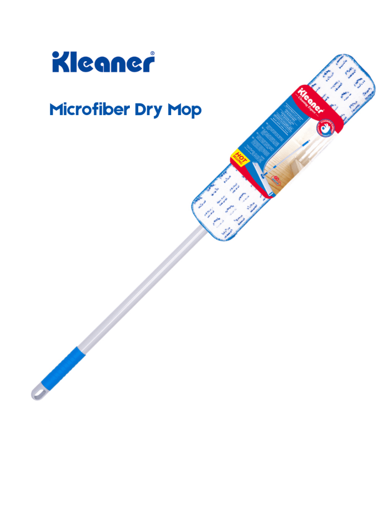 Kleaner Microfiber Dry Mop with a white and blue design, featuring a long handle.