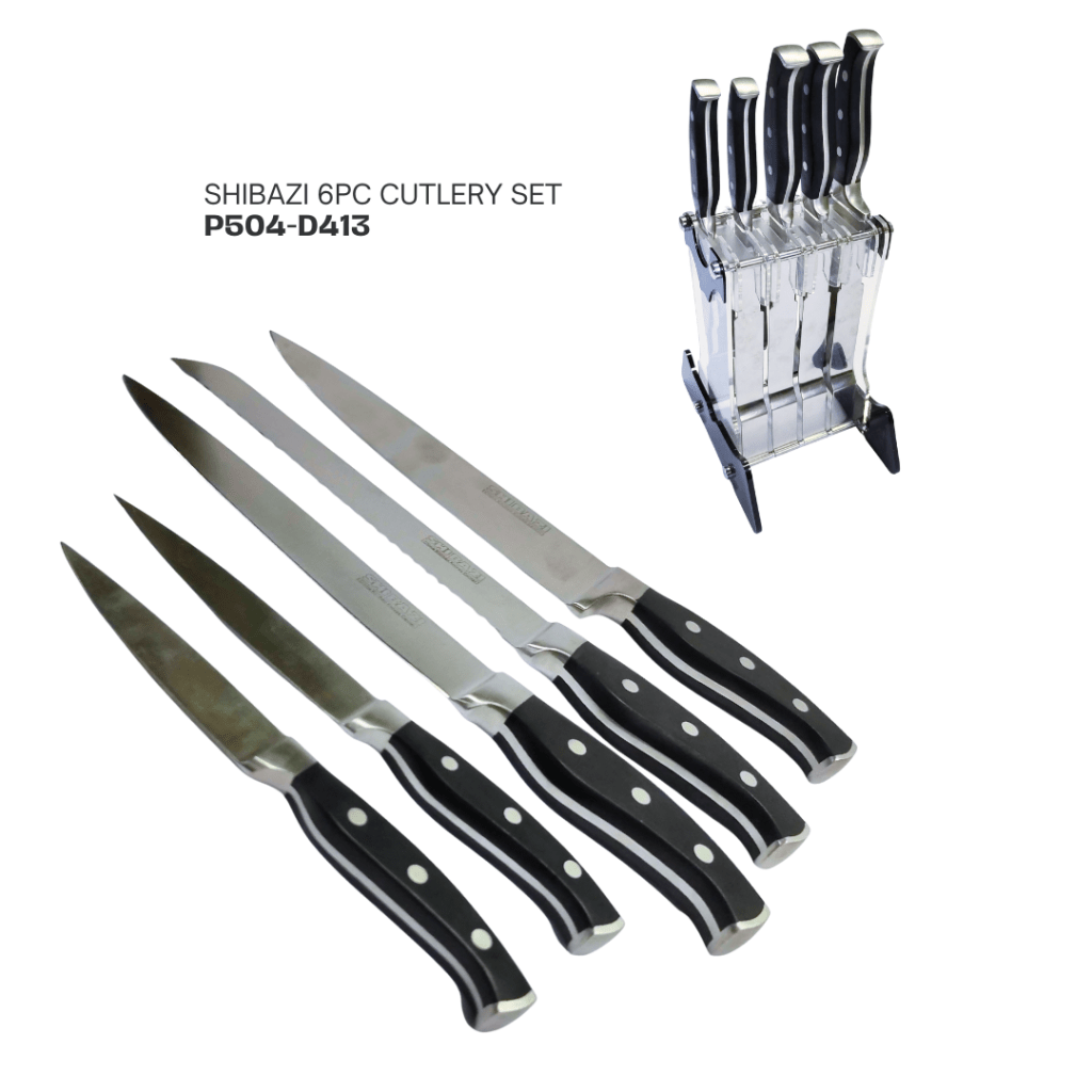 Six-piece cutlery set with stainless steel knives and black handles, displayed with a clear knife block.