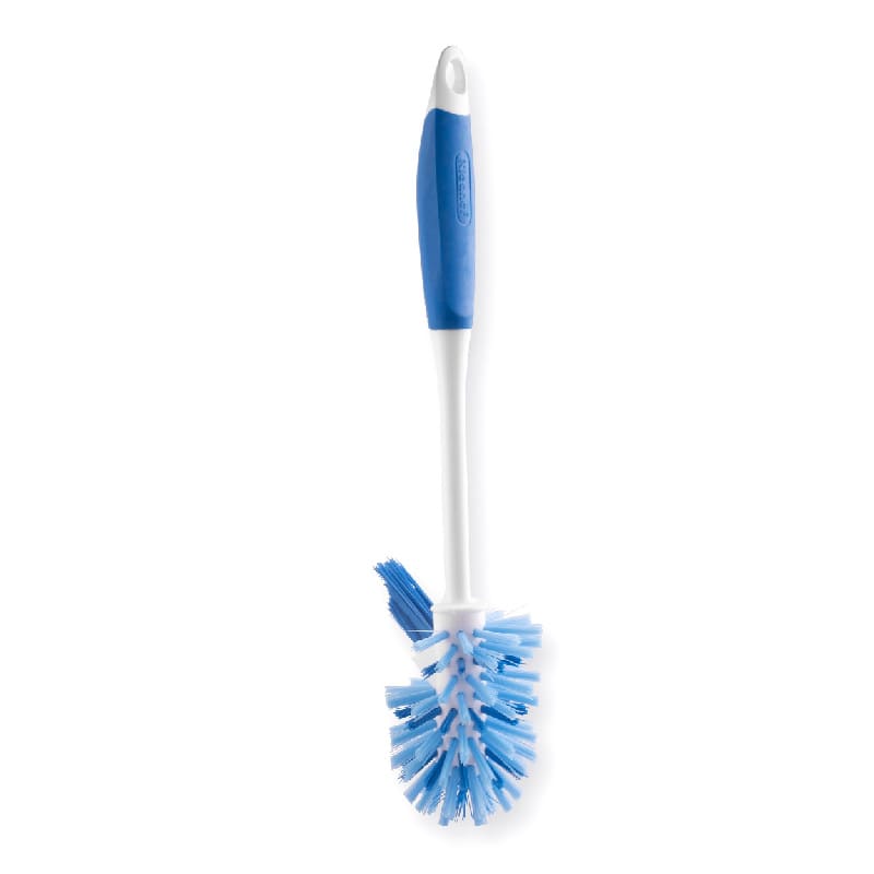 A blue and white toilet brush with flexible bristles, designed for cleaning.
