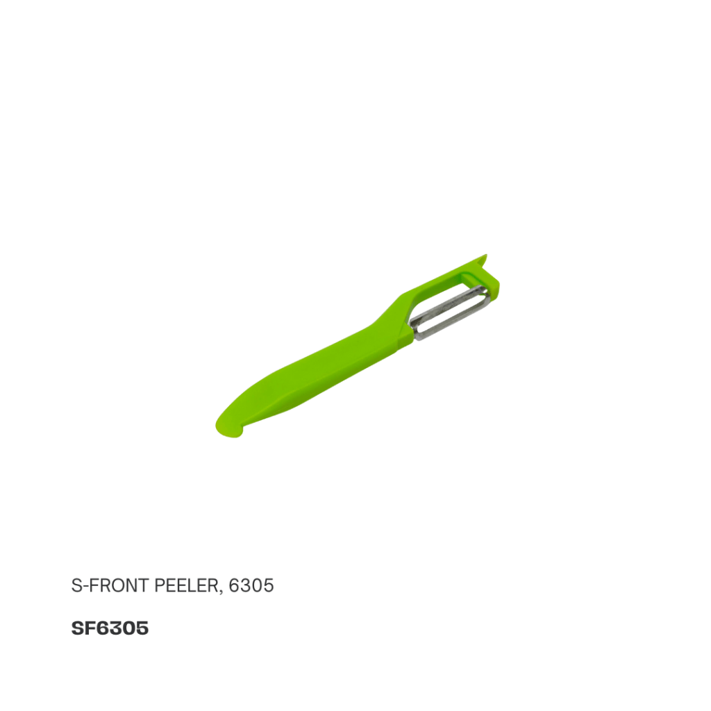 Green vegetable peeler with a metal blade and ergonomic handle.