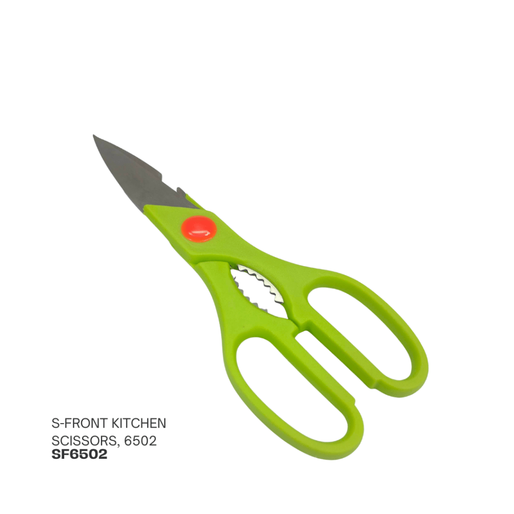 A pair of green kitchen scissors with a red button, labeled as S-Front Kitchen Scissors, model 6502.