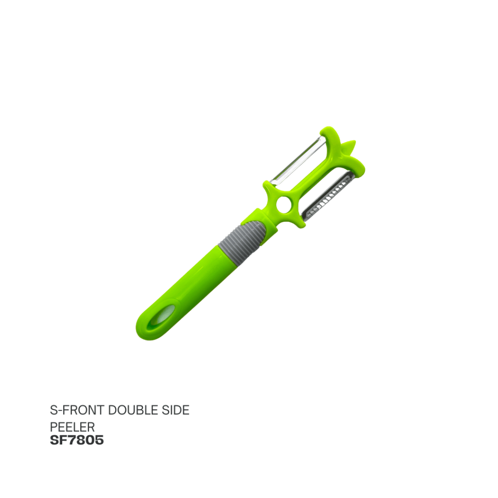 Green double-sided peeler with a gray grip handle, designed for peeling fruits and vegetables.