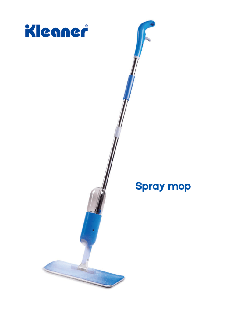 Blue spray mop with a silver handle and a removable cleaning pad, designed for efficient floor cleaning.