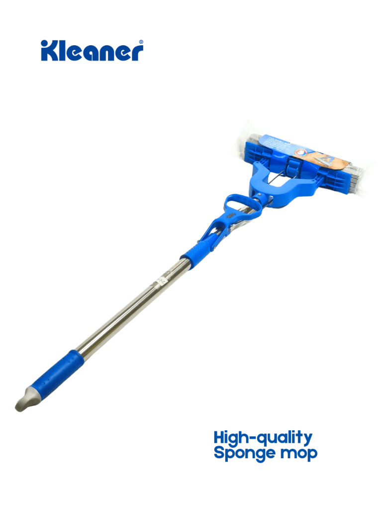 Blue sponge mop with a stainless steel handle, featuring the Kleaner logo and a label indicating 'High-quality Sponge mop'.