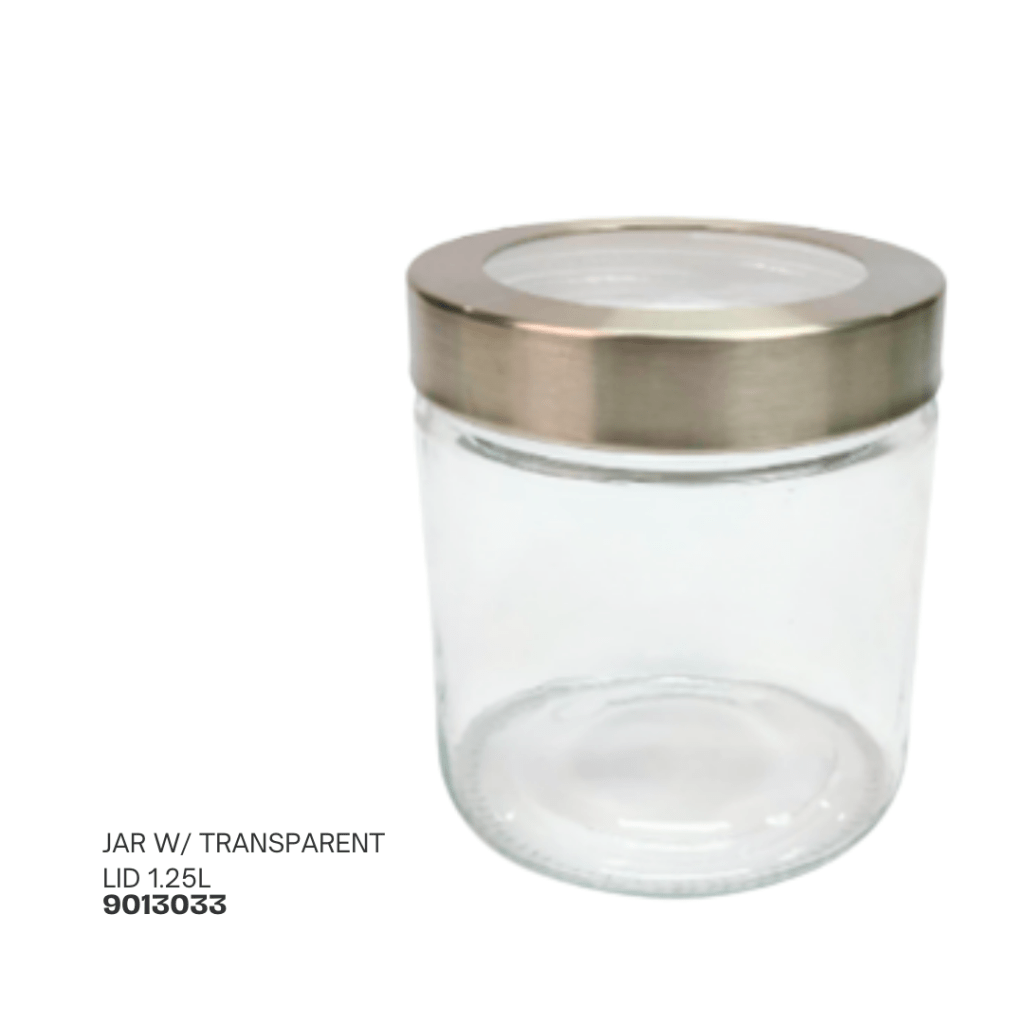 Transparent jar with a metal lid, 1.25 liters capacity.