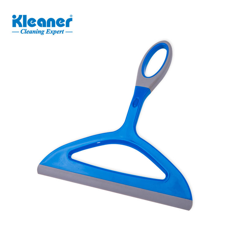 A blue and gray cleaning squeegee with an ergonomic handle, designed for surface cleaning.