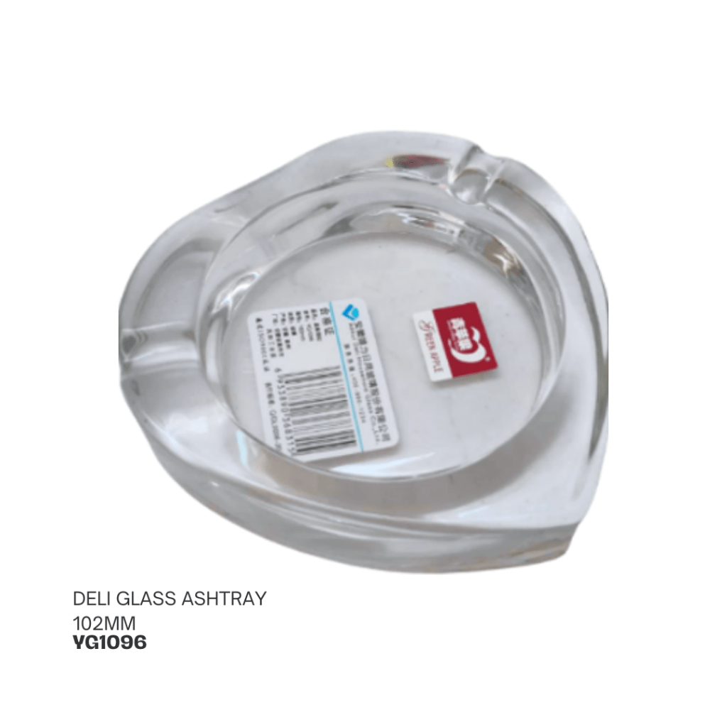 Heart-shaped glass ashtray with a label and barcode on the bottom