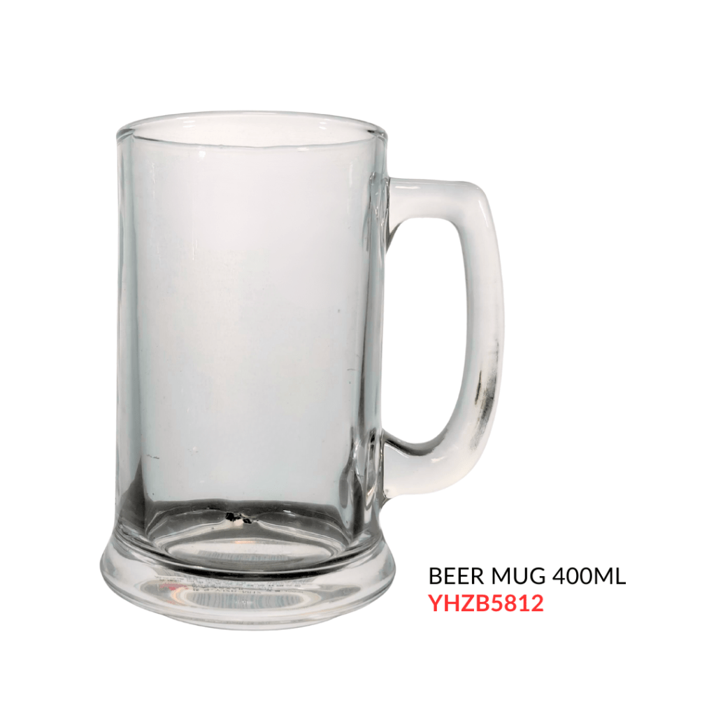 Clear glass beer mug with a handle, holding 400ml