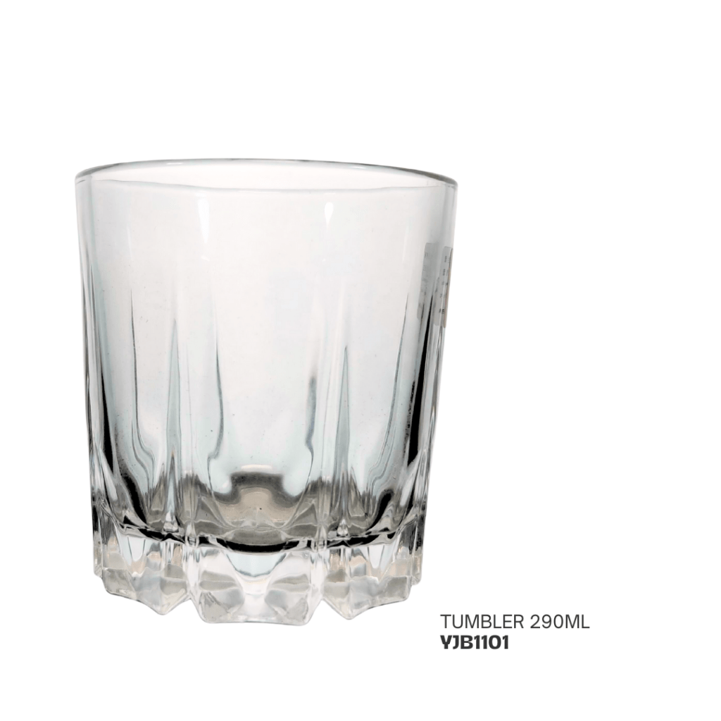 A clear glass tumbler with a capacity of 290ml, showcasing a sleek design and textured bottom.