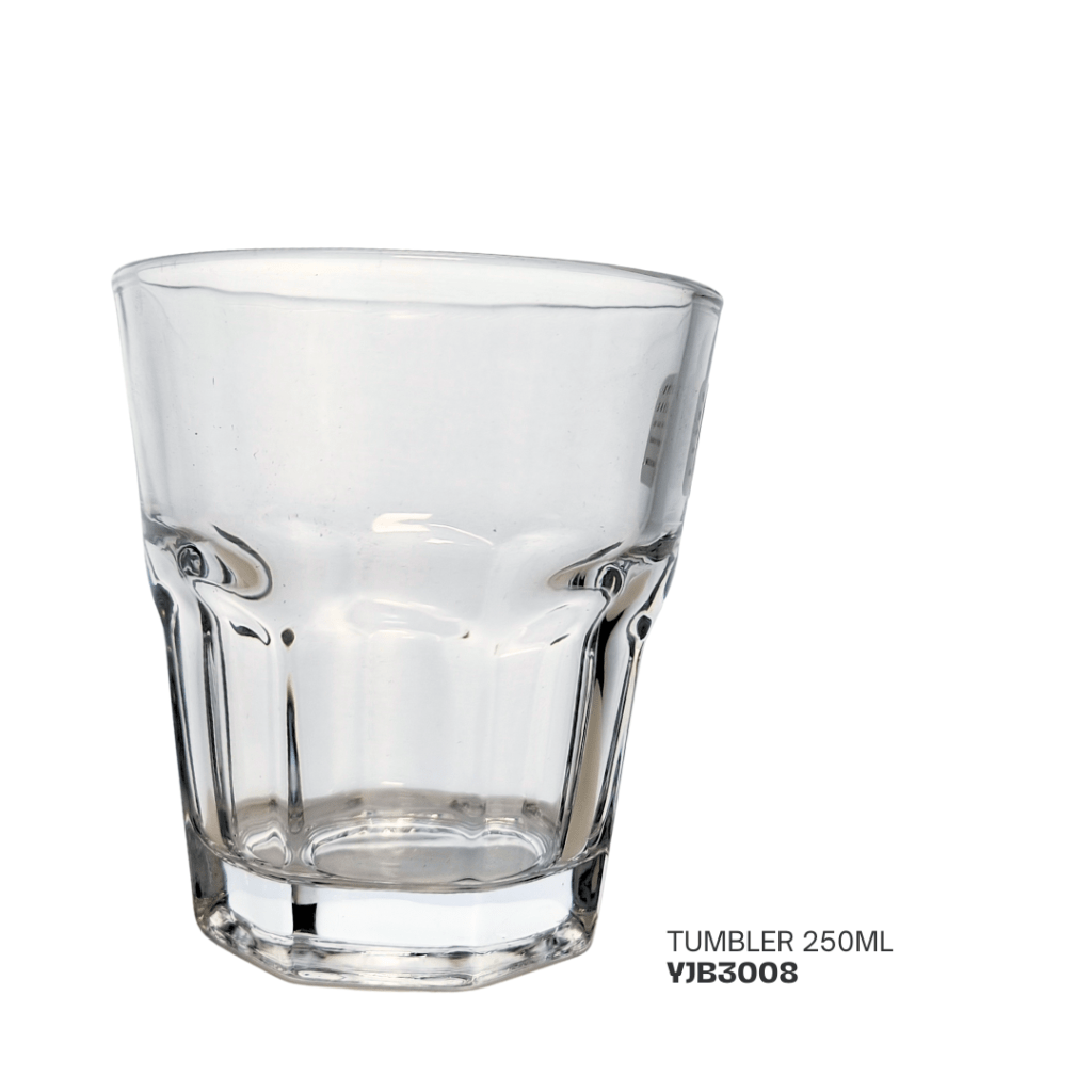 Clear glass tumbler with a 250ml capacity, featuring a round shape and a sturdy base.