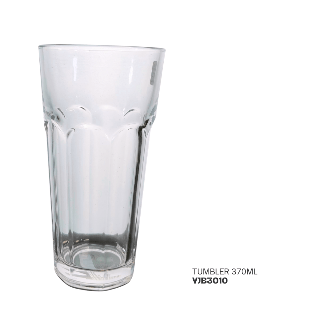 Clear glass tumbler with a capacity of 370ml, featuring a textured design.