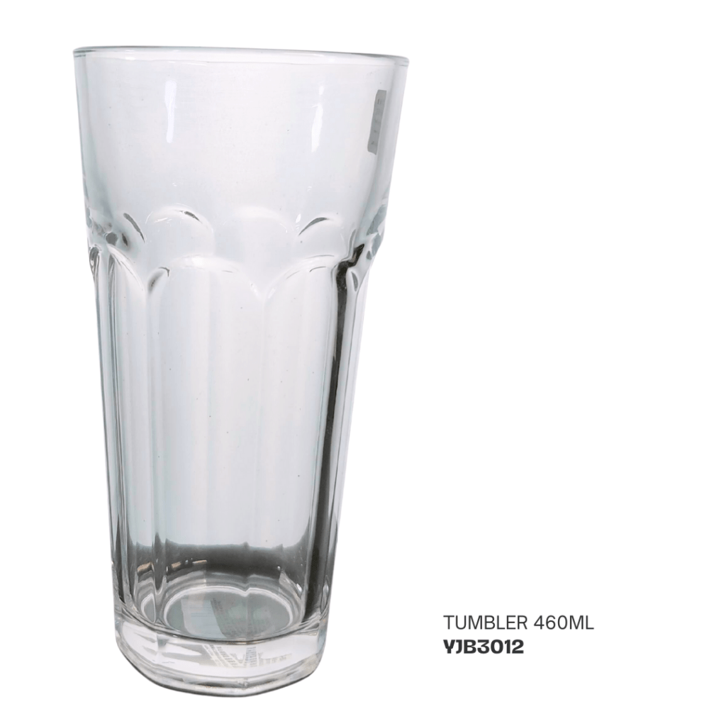 Clear glass tumbler, 460ml capacity, showcasing a decorative ribbed design.