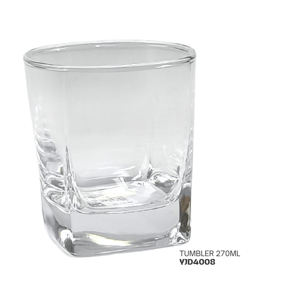 Clear glass tumbler 270ml, featuring a square base and straight sides.