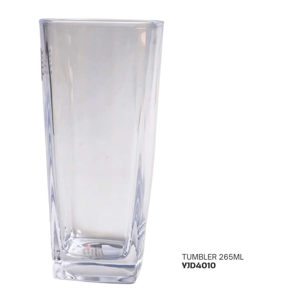 Clear glass tumbler with a capacity of 265ml, featuring a sleek and modern design.