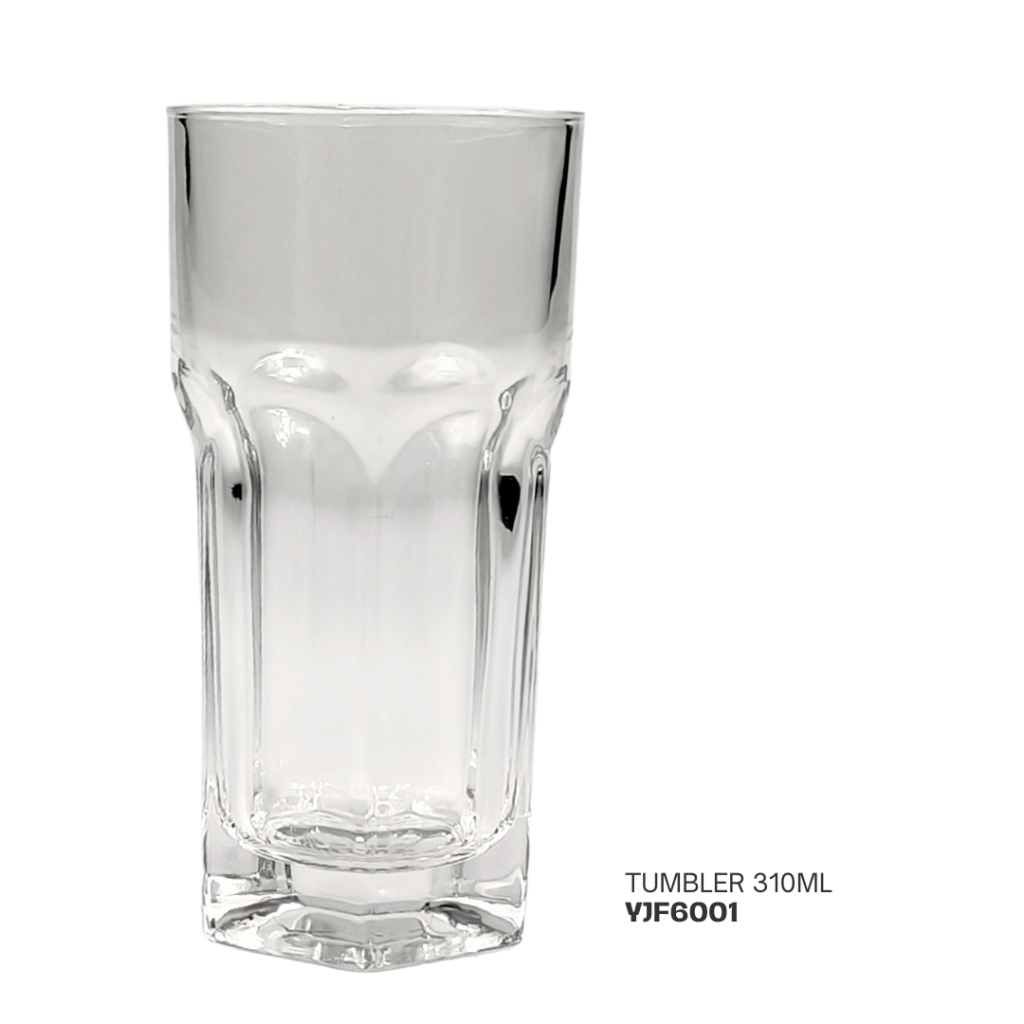 A clear glass tumbler with a capacity of 310ml, featuring a hexagonal base and vertical ridges.