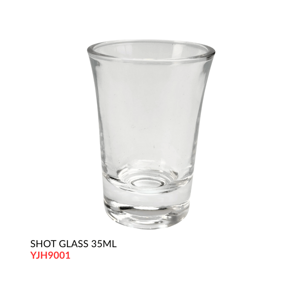 Clear glass shot glass with a 35ml capacity, labeled with 'SHOT GLASS 35ML' and an identification code 'YJH9001'.