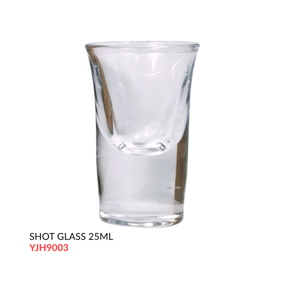 Clear glass shot glass with a 25ml capacity.