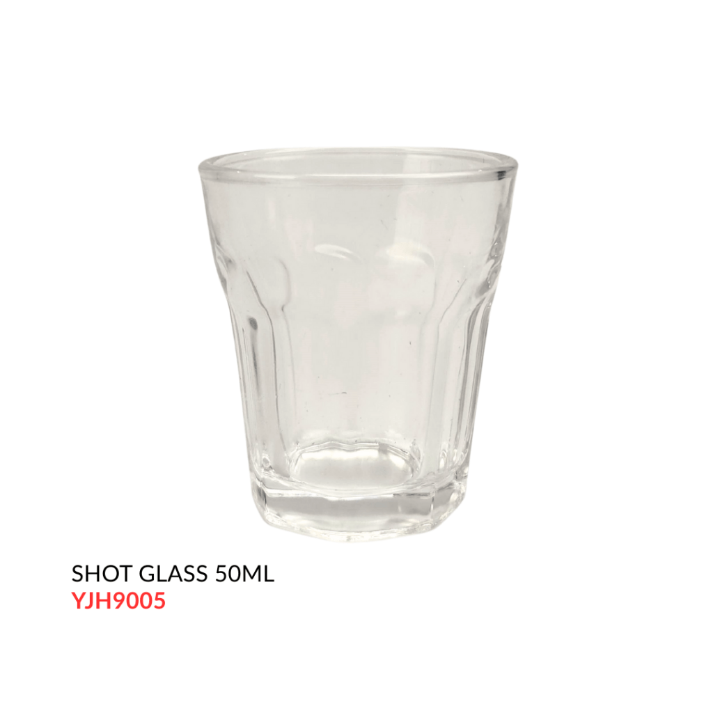 Clear glass shot glass with a capacity of 50ml.